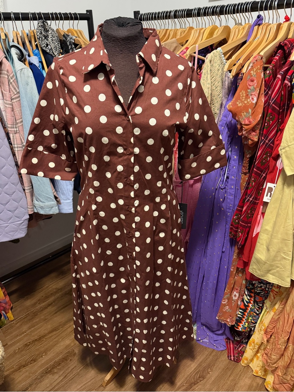 NWT Rachel Zoe Brown and White Polka Dot Midi Shirt Dress